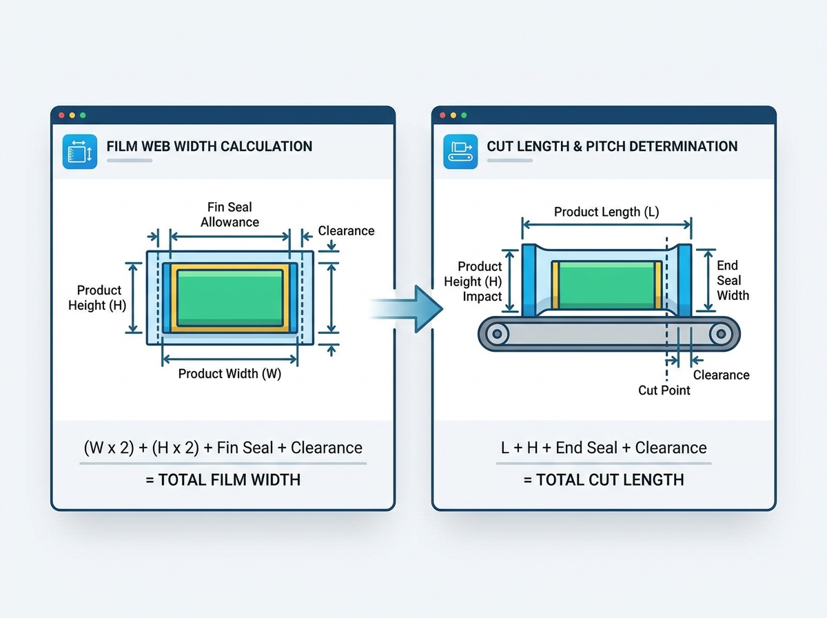 Technisches Diagramm zur Veranschaulichung der Berechnung der Schnittl&auml;nge und Folienbahnbreite einer Schlauchbeutelmaschine